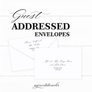May include: Two white envelopes with black calligraphy addressing them. The top envelope reads "Clarese Welf and Alex Wilson, 19 Waskin Rd., NJ 72". The bottom envelope reads "Mr and Mrs Deign Doren and Linda Doren, 59 Coldevin Rd., NJ 74553".