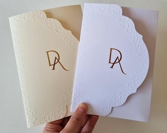 Vintage Stil Pocketfold Einladungshülle, individuelle Papierfarbe, geprägte und folienbedruckte Hülle
