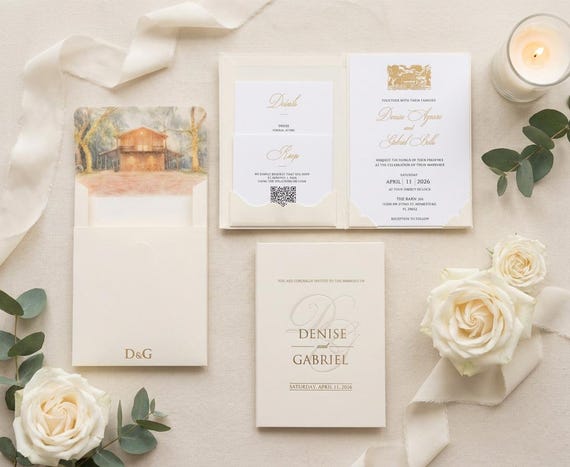 Ivory White Hardcover Wedding Invitation Suite, Gold Foil Embossed, Textured Cards, Custom Venue Illustration