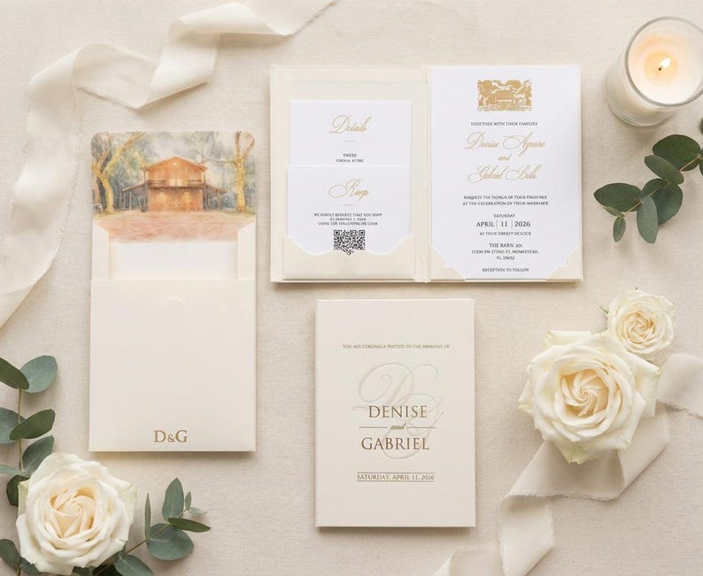 K&ouml;nnte beinhalten: Elegante Hochzeitseinladungssuite in Creme und Gold. Enth&auml;lt Einladungskarten, RSVP-Karten und eine Pocketfold-Karte mit einer Aquarell-Scheunen-Szene. Mit den Namen "Denise und Gabriel" und dem Datum "11. April 2026". Enth&auml;lt wei&szlig;e Rosen und eine brennende Kerze.