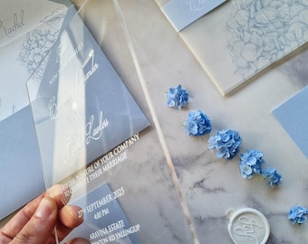 Personalized Blue Acrylic Wedding Invitation set, Customizable  Invitation Hydrangea flower design suit with Location Card and RSVP card