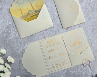 Luxuriöses islamisches Hochzeitseinladungsset mit Goldfolienprägung, Nikkah- & Walima-Karte und Moschee-Zeichnung für Umschläge
