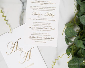 Luxury Flower Embossed Wedding Invitation - Custom Name Initials, Gilded, White Paper & Envelope