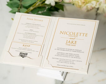 Luxury Hardcover Wedding Invitation with Gold Foil Embossing, Elegant Ivory Insert & RSVP Pocket – Personalized Wedding Invite Suite