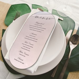 Luxe trouwmenu, acrylmenu-elipshoek, plexyglasmenu, gegraveerd spiegelmenu, luxe bruiloftdecor, zilver, goud, spiegel acryl