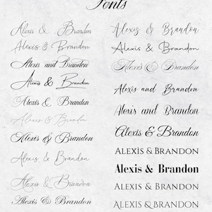 K&ouml;nnte beinhalten: Eine Sammlung verschiedener Schriftarten, die die Namen "Alexis & Brandon" in unterschiedlichen Kalligraphie- und Schriftartdesigns zeigen. Das Wort "Fonts" steht oben. Der Hintergrund ist hell und strukturiert.