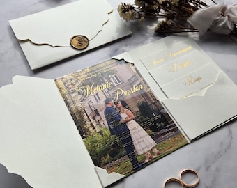 Acrylic Wedding Invitation Suite, Ivory Envelope with Pocket, Trifold, RSVP and Finer Details card