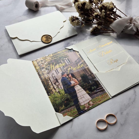 Acrylic Wedding Invitation Suite, Ivory Envelope with Pocket, Trifold, RSVP and Finer Details card