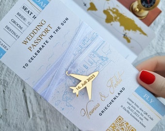 Destination Wedding Invitation: Blue Passport with Acrylic Airplane Charm
