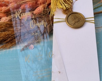 Acrylic Wedding Invitations with Floral Ornaments and Gold Tassel, Clear invitation, Wax Seal and Gold Rope, Gold Print