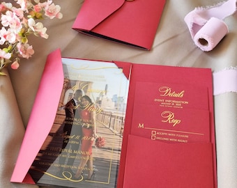 Burgundy Acrylic Wedding Invitation Suite: Photo, QR Code RSVP, Gold Wax Seal
