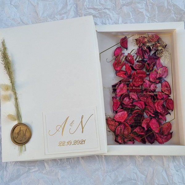 Glam Wedding Invitation with Customizable Box, Gold Foil Acrylic Invitations With Ivory Box, decoration with dry red roses and gold wax seal