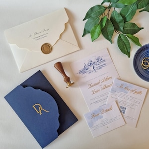 Ensemble d’invitations de mariage luxe – Enveloppe bleu marine avec poche, cartes RSVP et détails, enveloppe personnalisée