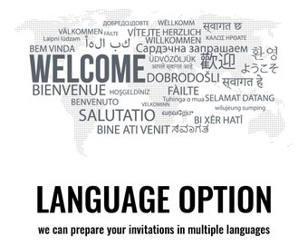 Preparamos parte de tu invitación en diferentes idiomas, inglés, francés, alemán, árabe, ruso, italiano, turco, holandés, noruego, sueco...