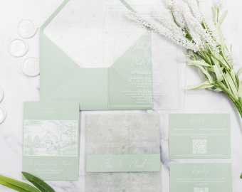 Personalized Sage green 3mm Acrylic Wedding Invitation with RSVP, Details Card, Place Drawing set,  Custom Wedding Invitation Floral
