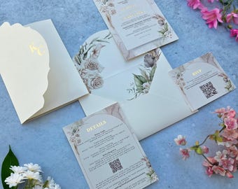 Floral Tri-Fold Wedding Invitation Set • Luxury Personalized Cards • Ivory Envelope • Elegant  Wedding Invite Suite
