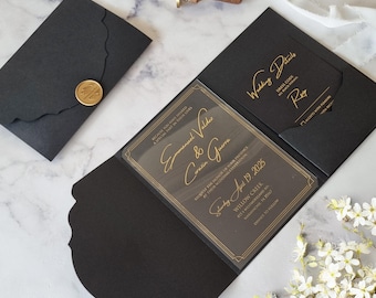 Black luxury Wedding Invitation: Trifold Pocket Envelope, RSVP & Details Cards, Acrylic invite