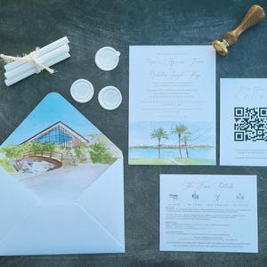 Invito di matrimonio personalizzato con illustrazione ad acquerello del luogo e scheda di dettagli,RSVP con QR su carta morbida testurizzata