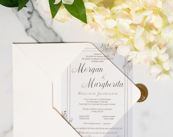 Luxus Hochzeitseinladung - blumengeprägtes Muster, Matte Einladung, Name geprägt, elfenbeinfarbener Papierumschlag, mit Liebeswachssiegel