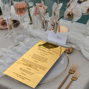 Menù di nozze di lusso, Menù in acrilico, Menù in plexiglass, Menù con specchio inciso, Decorazioni per matrimoni di lusso, Argento, Oro, menu mariage