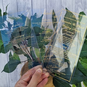 Cardápio de casamento de luxo, cardápio de acrílico transparente, cardápio transparente, dourado, prateado, rosa dourado, impressão em folha branca