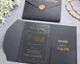 Acrylic Wedding Invitation Set: Black Envelope, Gold Glitter, QR Code RSVP