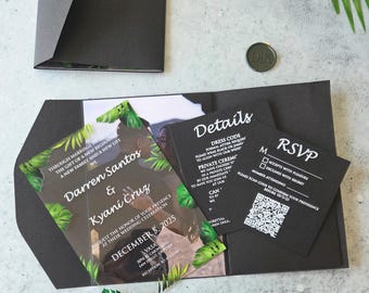 Svart trippelvikt bröllopsinbjudningspaket: Färgat akryltryck med vita OSA- och detaljkort i folie