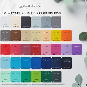 May include: A color chart showing various paper colors for boxes and envelopes. The colors are arranged in rows and columns, with each color labeled with its name and corresponding code. The colors include white, ivory, black, light gray, gray, dark gray, dark brown, brown, tan, dark green, fawn, yellow, orange, red, scarlet, burgundy, burgundy 2, pink, fuchsia, lilac, lavender, light blue, sky blue, turquoise, blue, navy blue, navy blue 2, dark navy blue, light green, paler green, green, green 2, emerald green, and dark green.