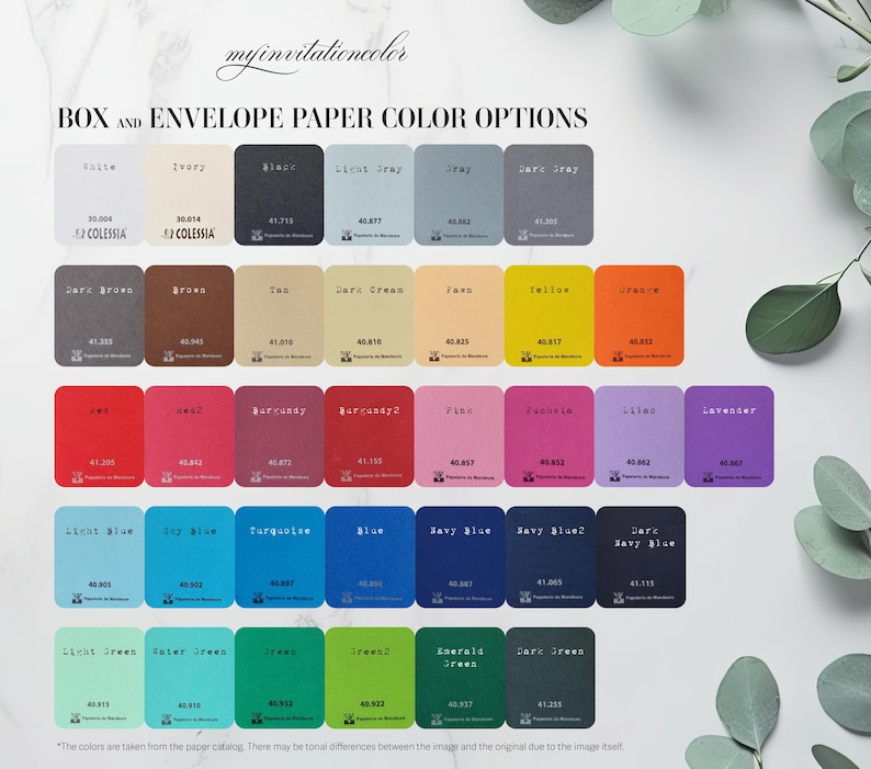 May include: A color chart showing various paper colors for boxes and envelopes. The colors are arranged in rows and columns, with each color labeled with its name and corresponding code. The colors include white, ivory, black, light gray, gray, dark gray, dark brown, brown, tan, dark green, fawn, yellow, orange, red, scarlet, burgundy, burgundy 2, pink, fuchsia, lilac, lavender, light blue, sky blue, turquoise, blue, navy blue, navy blue 2, dark navy blue, light green, paler green, green, green 2, emerald green, and dark green.