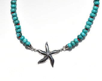 Turquoise bead necklace with silver starfish pendant round turquoise necklace turquoise gemstone beaded summer necklace layering necklace