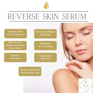 Op de afbeelding: Advertentie voor REVERSE SKIN SERUM met een vrouw met gesloten ogen. De tekst benadrukt voordelen zoals het verbeteren van de huidtint en het verminderen van fijne lijntjes. De afbeelding bevat een gouden druppelafbeelding en een lijst met productvoordelen.
