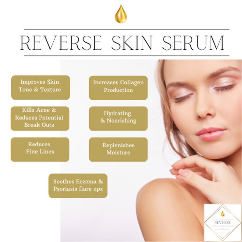 Op de afbeelding: Advertentie voor REVERSE SKIN SERUM met een vrouw met gesloten ogen. De tekst benadrukt voordelen zoals het verbeteren van de huidtint en het verminderen van fijne lijntjes. De afbeelding bevat een gouden druppelafbeelding en een lijst met productvoordelen.