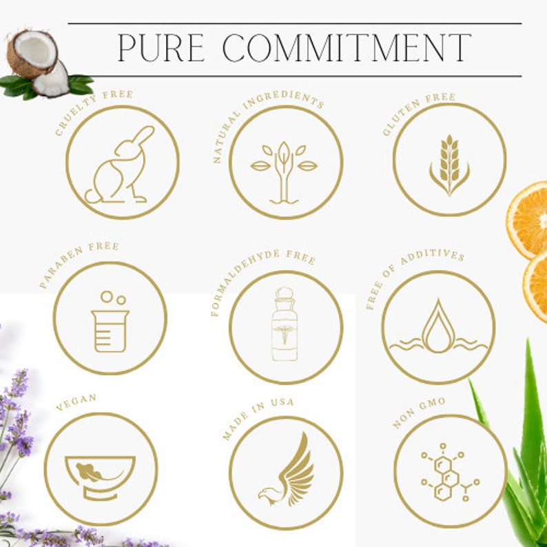 Op de afbeelding: Afbeelding met de tekst "PURE COMMITMENT" bovenaan. Het bevat verschillende goudkleurige cirkelvormige pictogrammen met tekst, waaronder "CRUELTY FREE", "NATURAL INGREDIENTS", "GLUTEN FREE", "PARABEN FREE", "FORMALDEHYDE FREE", "FREE OF ADDITIVES", "VEGAN", "MADE IN USA" en "NON GMO".