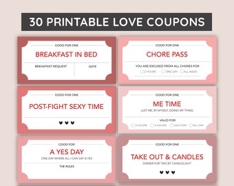 30 Fun Love Coupon Book, Valentines Day Coupons, Love Coupons, Gift for him, Husband Gift, Anniversary Gift, Love Vouchers