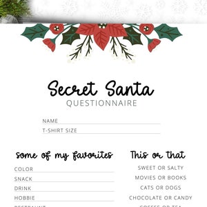 Secret Santa Questionnaire, Christmas Gift List, Holiday Wishlist, Secret Santa Questionaire, Xmas Gift Exchange Party Quiz Printable PDF