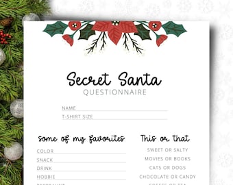 Puede incluir: Un cuestionario imprimible de Secret Santa con un diseño festivo de acebo y poinsettia. El cuestionario pide el nombre del participante, la talla de su camiseta, su color favorito, su refrigerio favorito, su bebida favorita, su pasatiempo favorito y sus preferencias para dulce o salado, películas o libros, gatos o perros, y chocolate o caramelos.