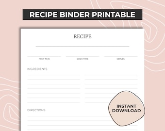Recipe Binder Printable, Printable Blank Recipe Template, Recipe Card, Recipe Planner Page, Recipe Sheet For Meal Planners, A4 & Letter Size