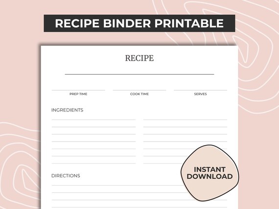 Recipe Binder Printable Printable Blank Recipe Template | Etsy