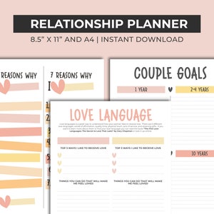 May include: Printable relationship planner with pink and yellow accents. The planner includes sections for "7 Reasons Why I Love You", "Love Language", and "Couple Goals".