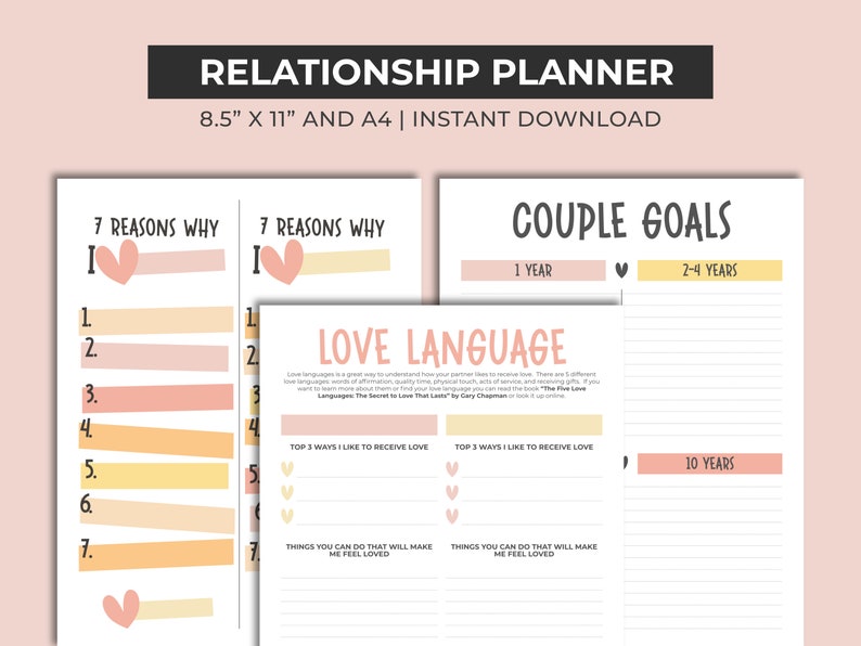 May include: Printable relationship planner with pink and yellow accents. The planner includes sections for "7 Reasons Why I Love You", "Love Language", and "Couple Goals".