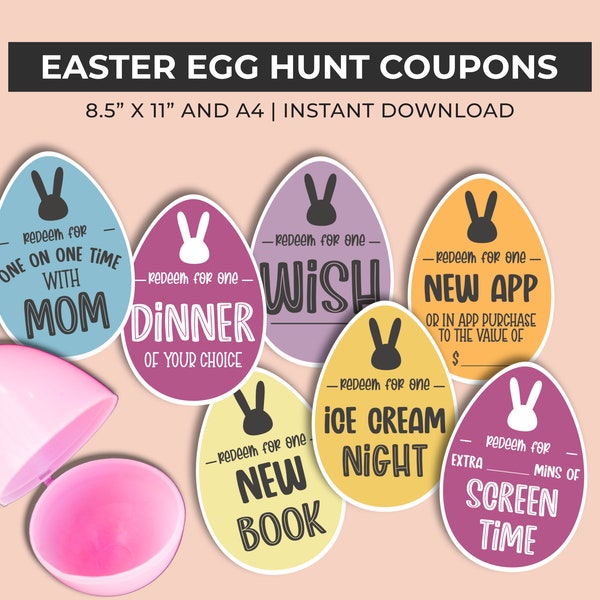Easter Egg Coupons, Gift for kids, Easter Egg Filler,  Printable Basket Stuffers, Easter Basket Gift for Boys & Girls, Easter Bunny Gift