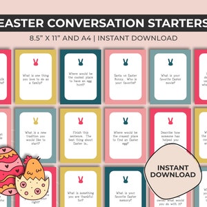 May include: A set of 16 printable Easter conversation starter cards featuring colorful illustrations of bunnies and eggs. The cards are 8.5 inches by 11 inches and are available for instant download. The text on the cards includes questions and prompts for fun Easter activities.