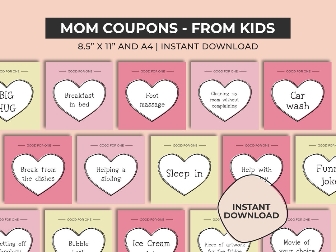 Mom Coupon Book, Coupons From Kids, Last Minute Gift Idea for Mum, Printable Mother's Day or ...