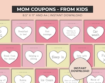Mom Coupon Book, Coupons from Kids, Last Minute Gift Idea for Mum,  Printable Mother's Day or Birthday Gift for Mom, Coupon gift for her