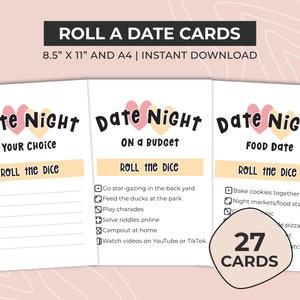 Op de afbeelding: Printbare date night-spelkaarten met roze en gele harten. De kaarten zijn 8,5 inch bij 11 inch en bevatten 27 kaarten met verschillende date night-ideeën. De kaarten zijn onderverdeeld in drie categorieën: Uw keuze, Budgetvriendelijk en Eten.