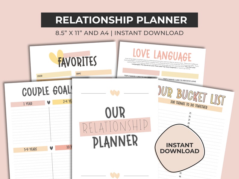 May include: A printable relationship planner with sections for couple goals, favorites, love language, and a bucket list. The planner is designed in a pink and yellow color scheme with hearts and the text "Our Relationship Planner" in a pink box.