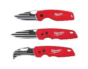 May include: Three red folding knives with black and white American flag designs. Each knife has the word "Milwaukee" printed on the handle.