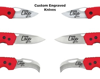 May include: Six red pocket knives with silver blades. Each blade has the text "YOUR LOGO HERE" engraved on it.