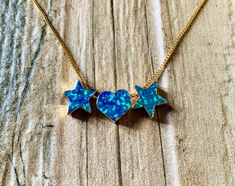Vibrant Blue Japanese Opal Hearts & Stars Gold Necklace