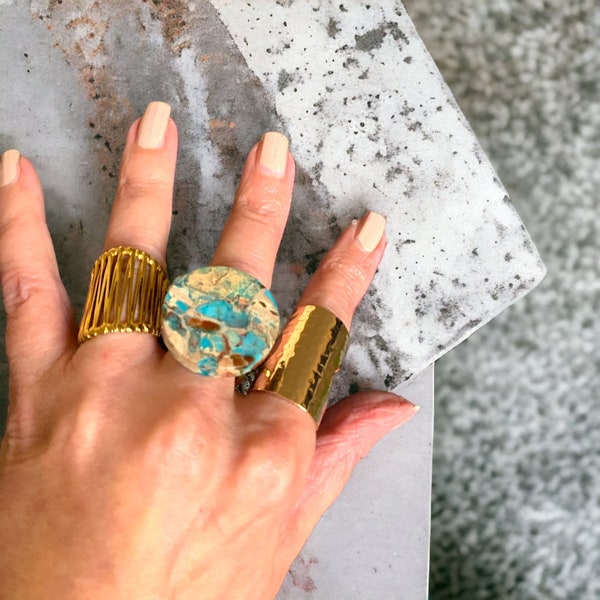 Dixie Turquoise Jasper Disc Ring. Gold, Adjustable.